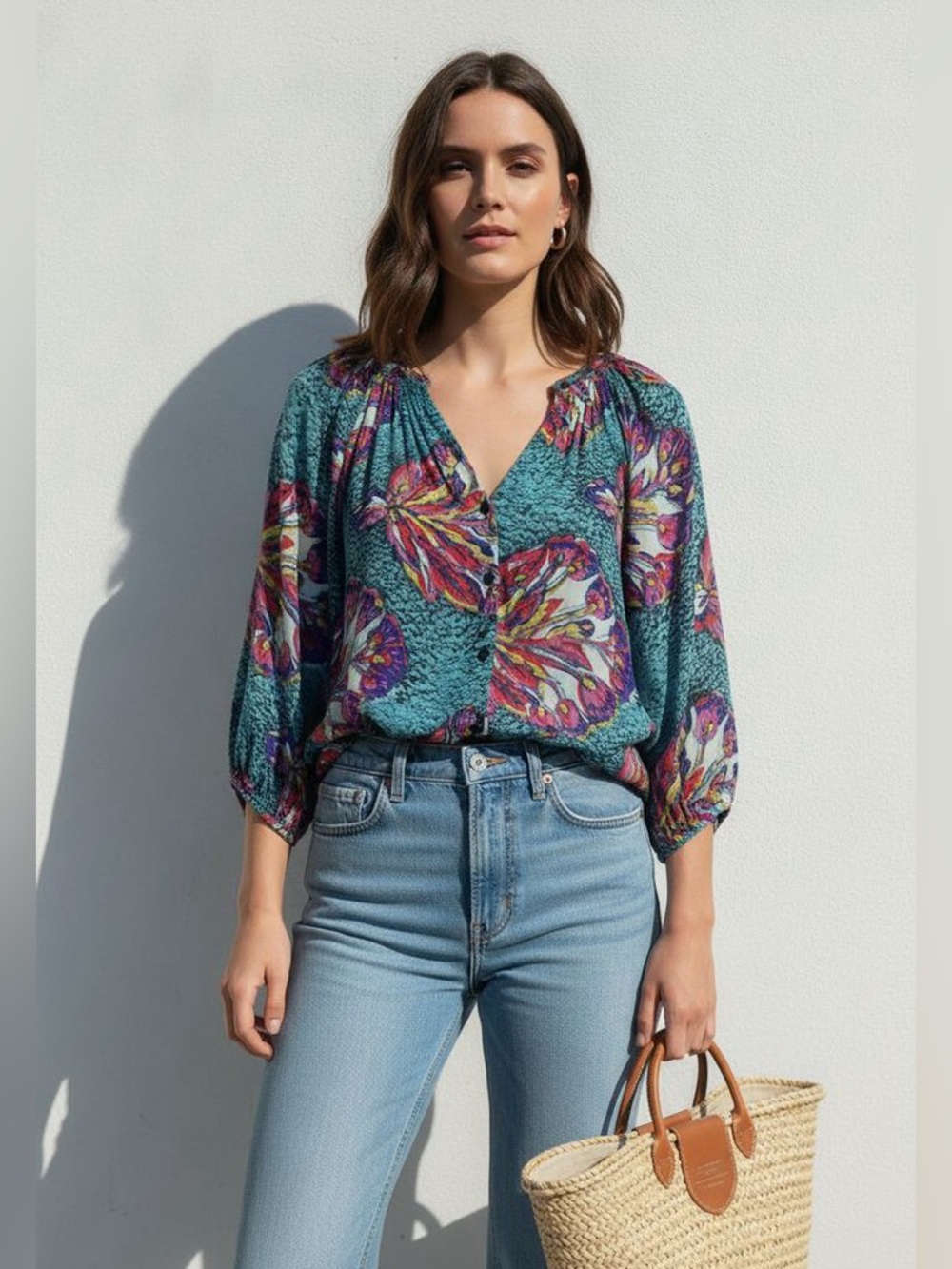 TUCKER Silk Teal Floral Blouse      ORIGINAL PRICE $375.00